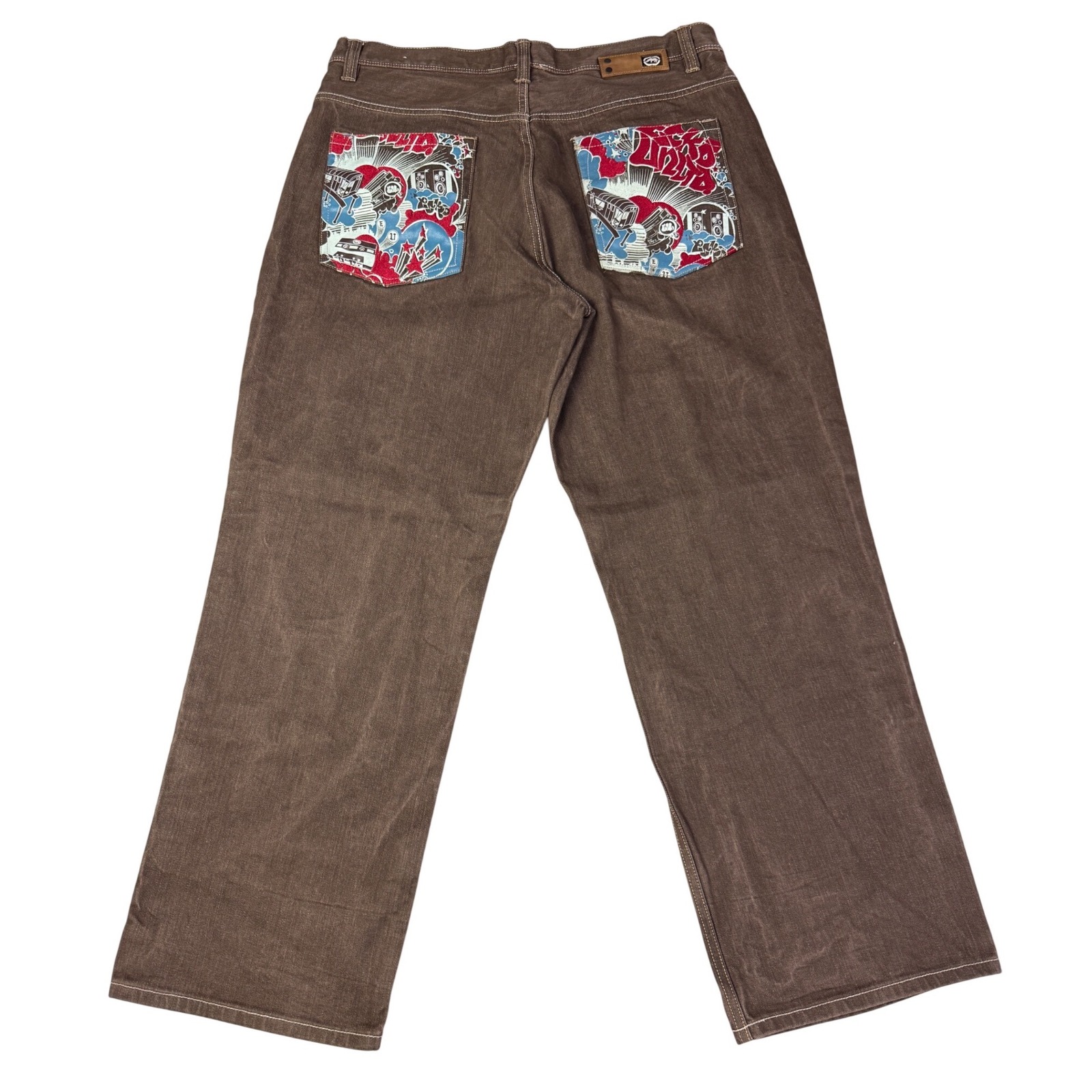 Y2k Ecko Unltd Baggy Fit Jeans Brown Graffiti Graphic Embroidered Mens 40